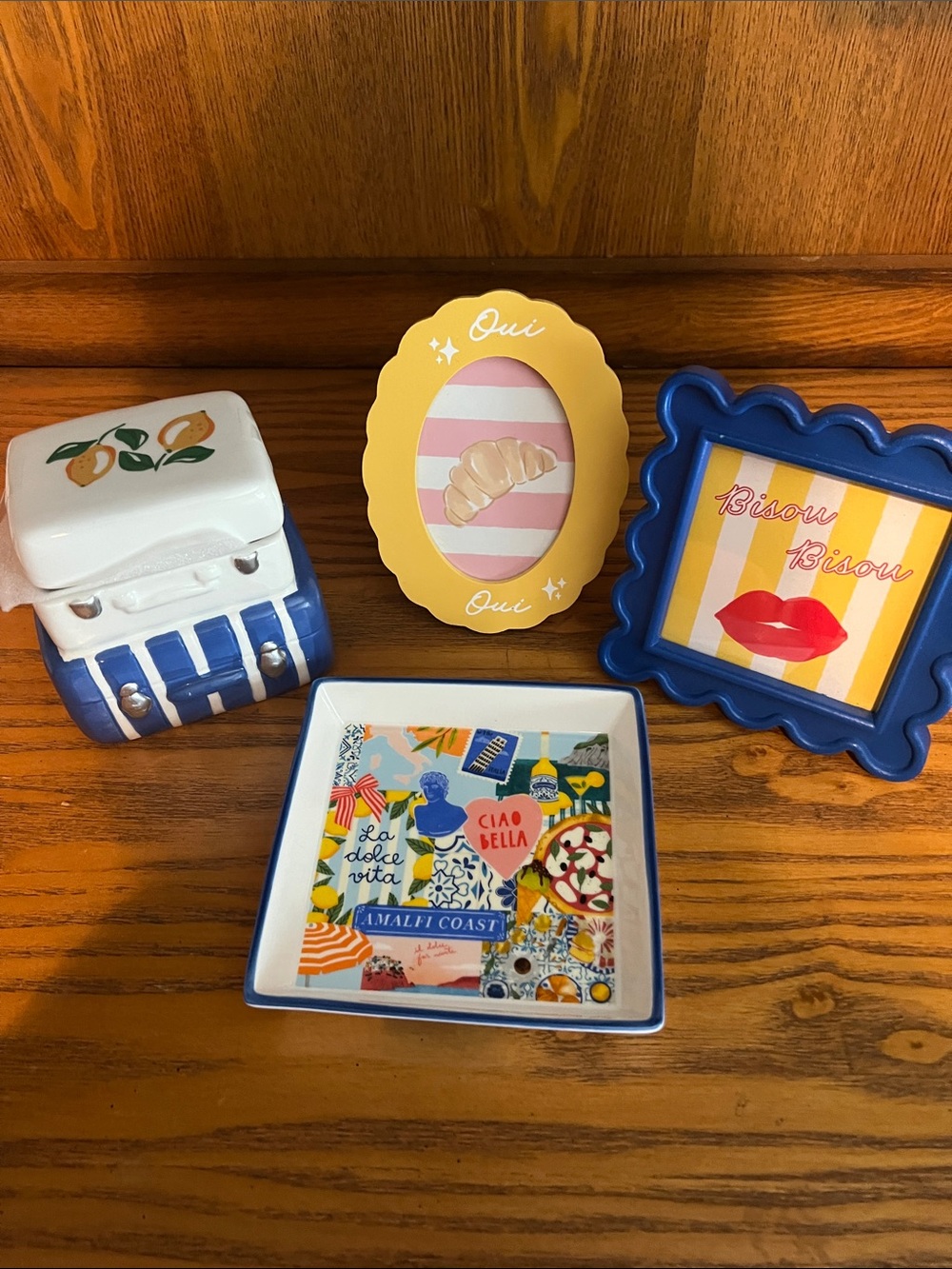 4 pc Colorful Ceramic Trinket Dish Set with Blue Frame & Yellow Photo Frame